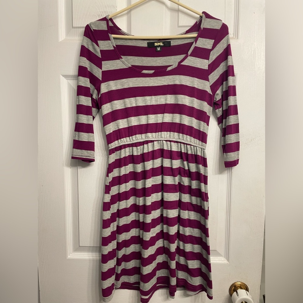 Purple and grey striped skater dress